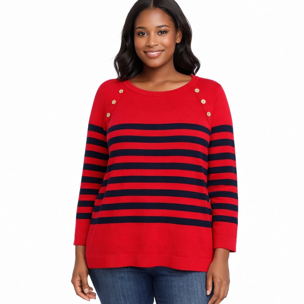 Crown & Ivy Red Navy Striped Button Shoulder Knit Sweater XL